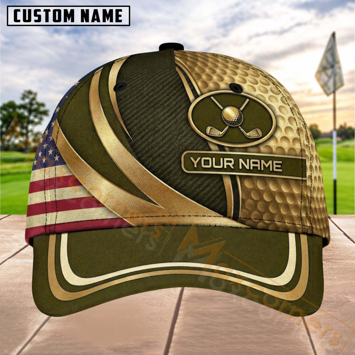 Maxcorners Golf Patriotic Gold Emblem Personalized Name 3D Cap (7 Colors)
