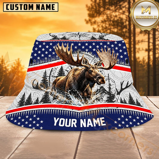Maxcorners Deer Hunting Patriotic Mountain Flag Personalized Name 3D Bucket Hat