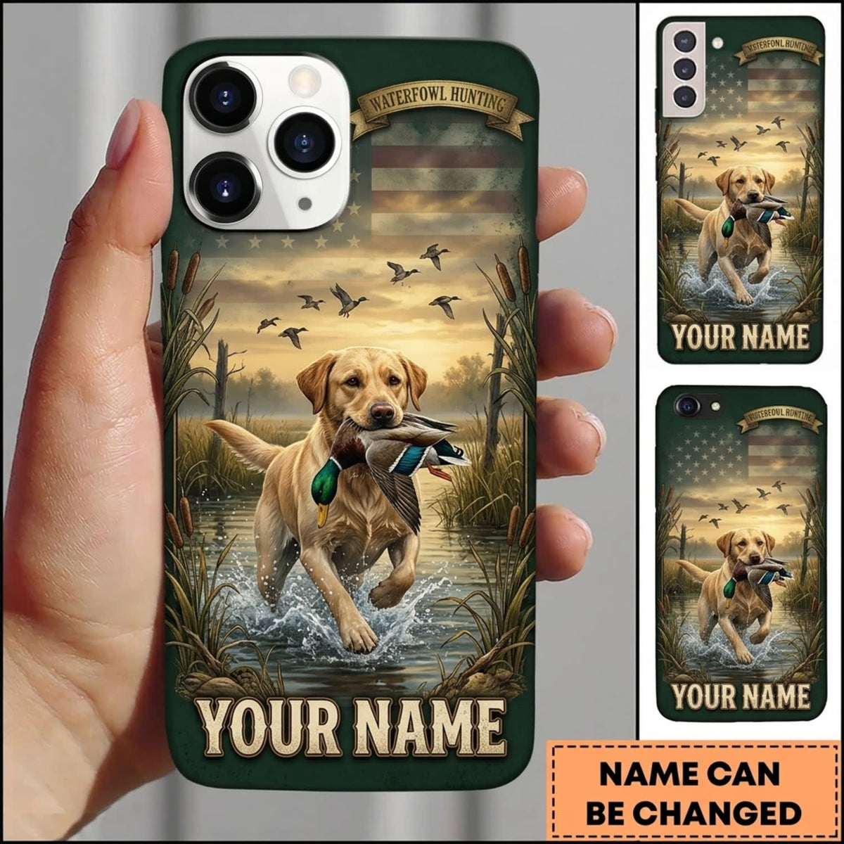 Maxcorners Duck Hunting Yellow Labrador Retriever Golden Lake Sunset Personalized Name 3D Phone Case