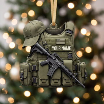Maxcorners Hunting Olive Tactical Vest Cap And Rifle Personalized Name 3D Keychain And Ornament