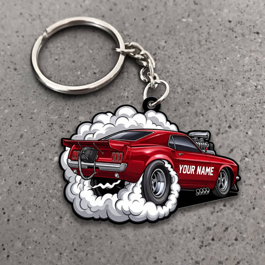Maxcorners Classic Muscle Car Red Vintage Drag Racing Coupe with White Tire Smoke Personalized Name 3D Keychain And Ornament