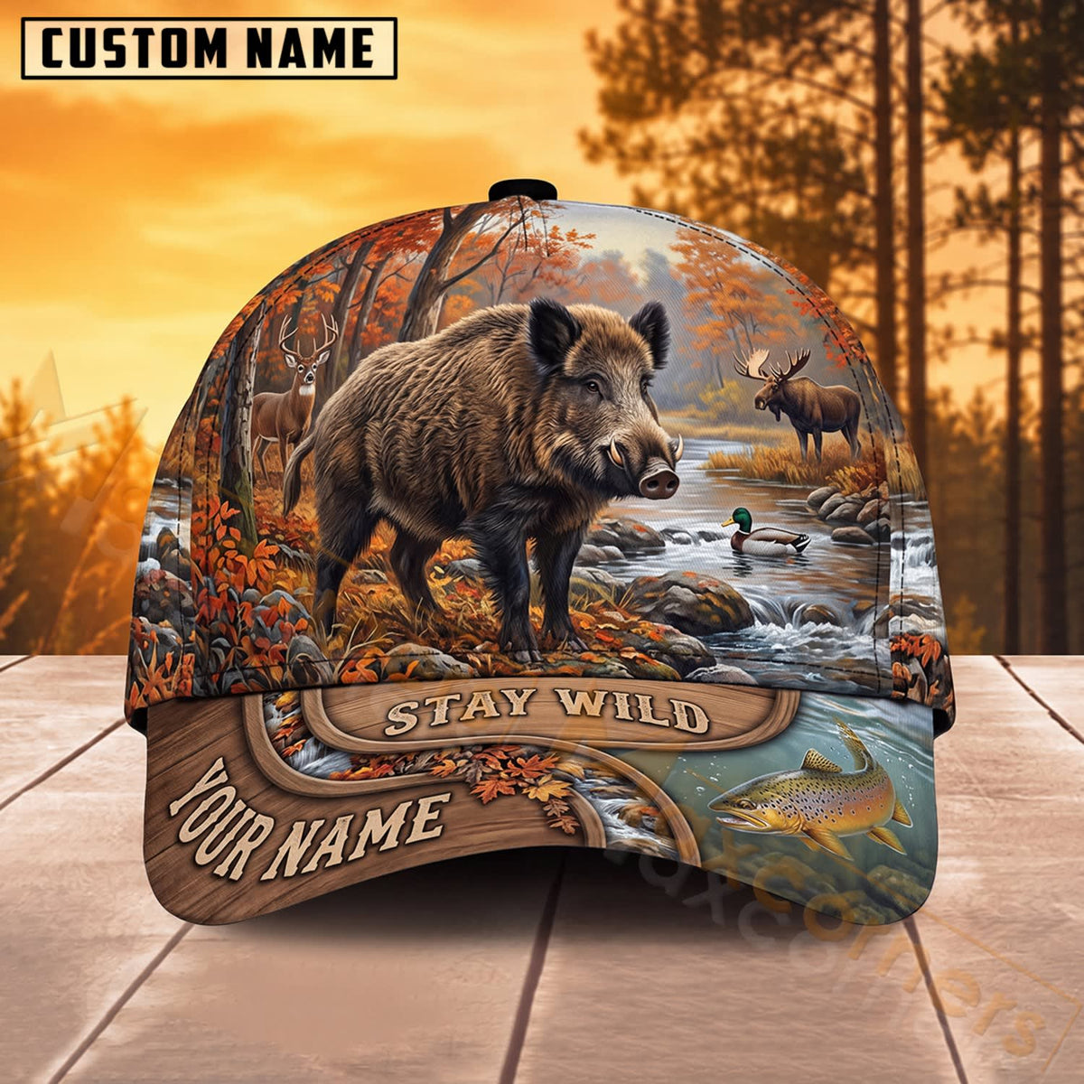 Maxcorners Bear Hunting Mountain River Stay Wild Personalized Name 3D Cap