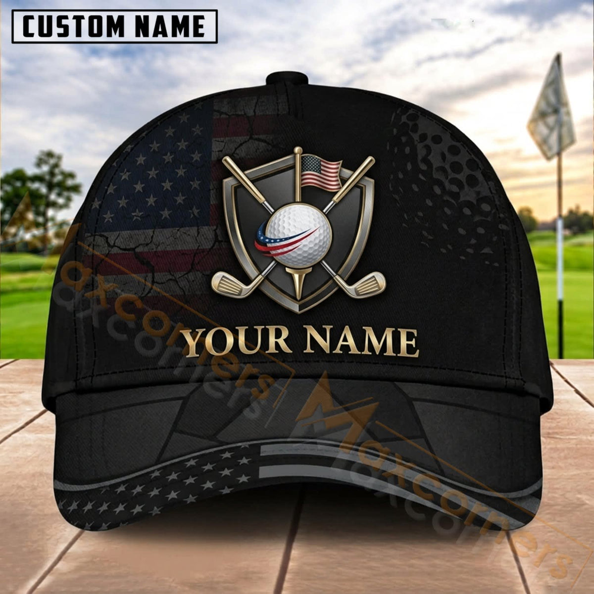 Maxcorners Golf Black Crossed Clubs Ball Personalized Name 3D Cap