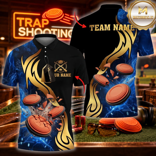 ( 4 Colors ) Maxcorners Trap Clay Shooting Golden Flame & Flying Clay Targets Multicolor Customized Name, Team Name 3D Shirts