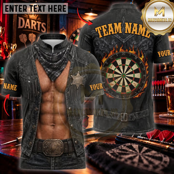 Maxcorners Darts Sexy Black Leather Jacket Muscular Body Golden Dartboard Personalized Name 3D Unisex Shirt
