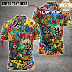 Maxcorners Bowling Skull And Bear Colorful Puzzle Cartoon Personalized Name 3D Unisex Shirt