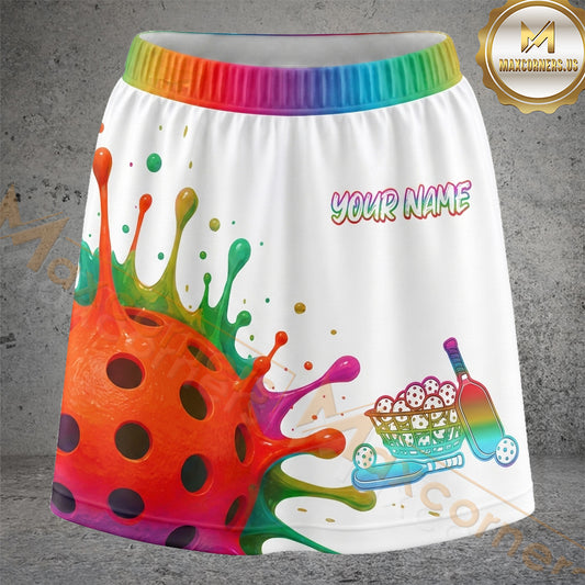 Maxcorners Pickleball Rainbow Paint Splash Ball Personalized 3D Skort, Skirts With Shorts