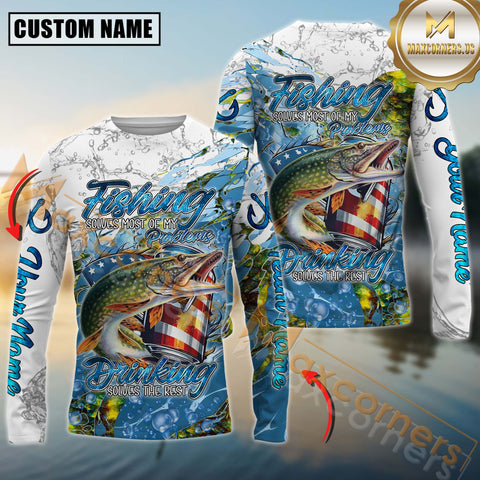 Maxcorners Pike Fishing  Beer & Fishing Flag Quote “Fishing solves most of my problems, drinking solves the rest” Dynamic Strike Sport Jersey Personalized Name, Team Name Long Sleeve Shirt