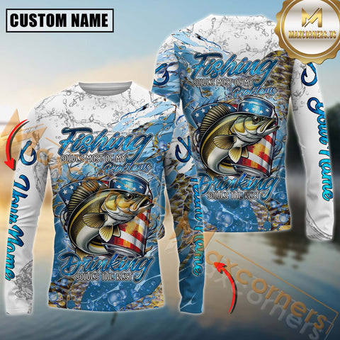 Maxcorners Walleye Fishing  Beer & Fishing Flag Quote “Fishing solves most of my problems, drinking solves the rest” Dynamic Strike Sport Jersey Personalized Name, Team Name Long Sleeve Shirt
