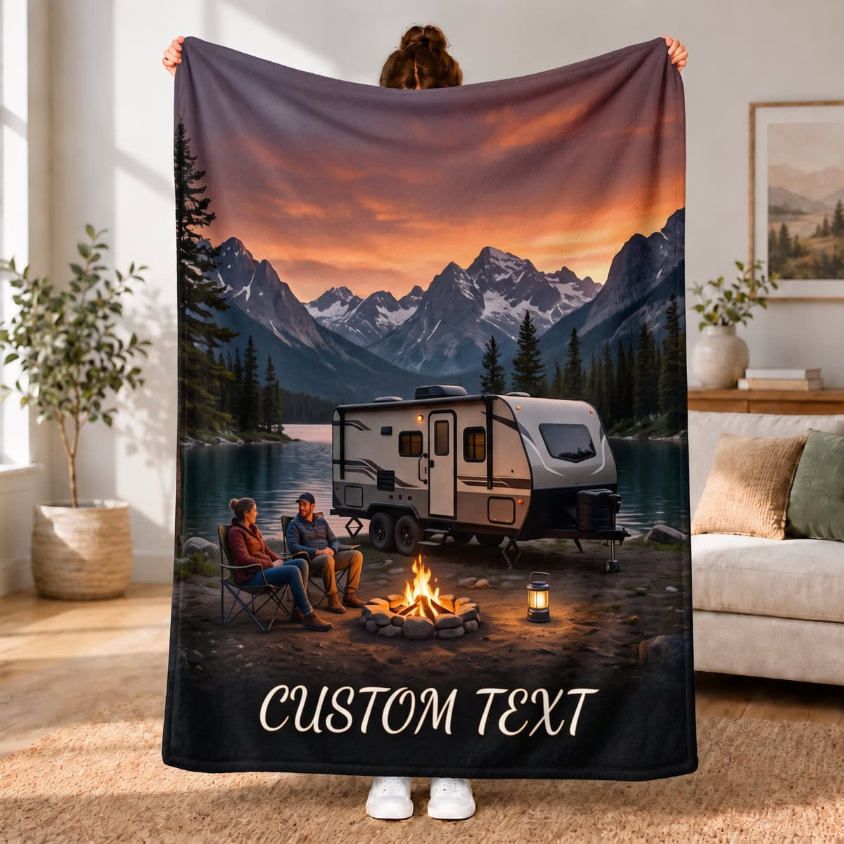 Maxcorners RVs Travel Trailer Mountain Lake Evening Campfire Custom Name 3D Blanket
