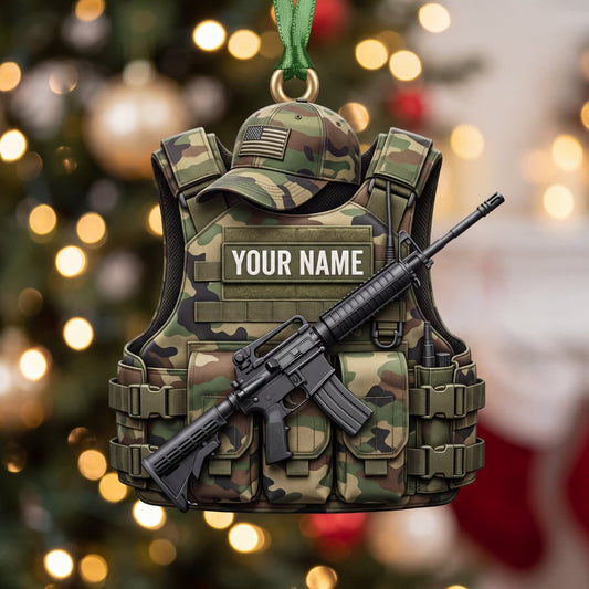 Maxcorners Woodland Camo Helmet Vest And Rifle Personalized Name 3D Keychain And Ornament