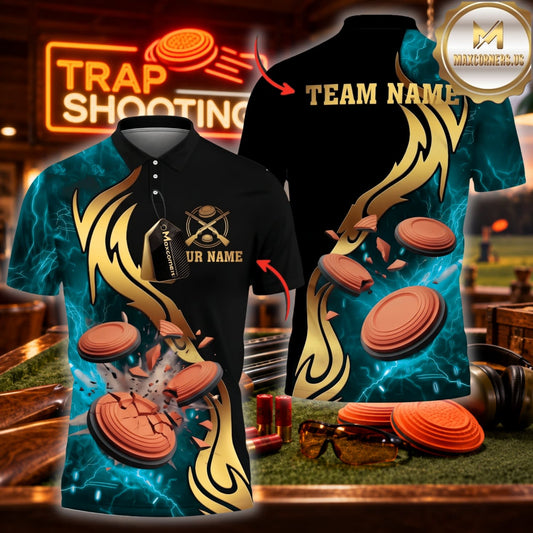 ( 4 Colors ) Maxcorners Trap Clay Shooting Golden Flame & Flying Clay Targets Multicolor Customized Name, Team Name 3D Shirts