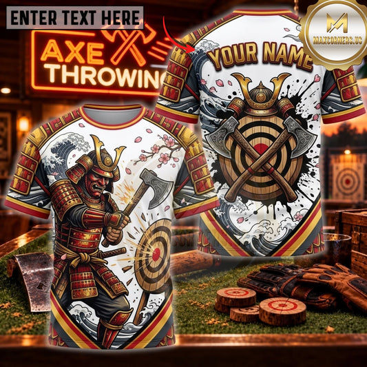 Maxcorners Axe Throwing Japanese Samurai Skull Personalized Name 3D Unisex Shirt