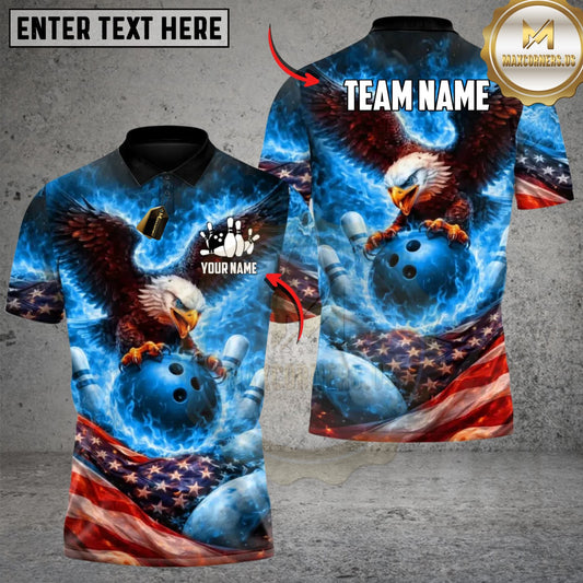 Maxcorners Bowling And Pins Fire Eagle US Flag  Multicolor Customized Name, Team Name 3D Shirt