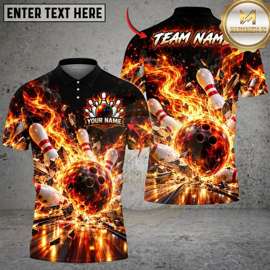 Maxcorners Bowling Fiery Inferno Explosion Burning Flames Pins Strike Artwork Multicolor Customized Name, Team Name 3D Shirts