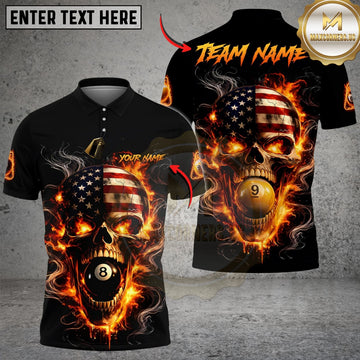Maxcorners Billiards 8 Ball 9 Ball Flame American Flag Skull Customized Name, Team Name 3D Shirt (4 Colors)