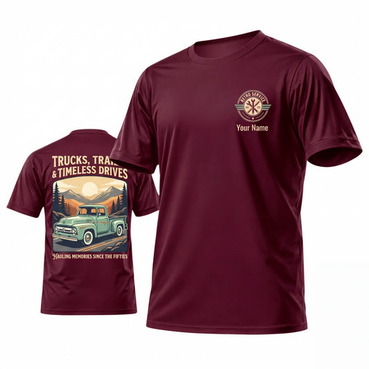 Maxcorners Personalized Car Classic Muscle Car 3D T-Shirt – Burgundy Vintage Coastal Highway Sunset Classic Car