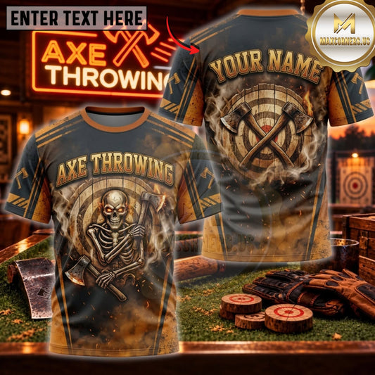 Maxcorners Axe Throwing Vintage Bronze Viking Skull Personalized Name 3D Unisex Shirt