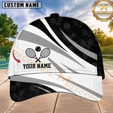 Maxcorners Tennis Minimalist Black And Grey Geometric Waves Personalized Name 3D Cap