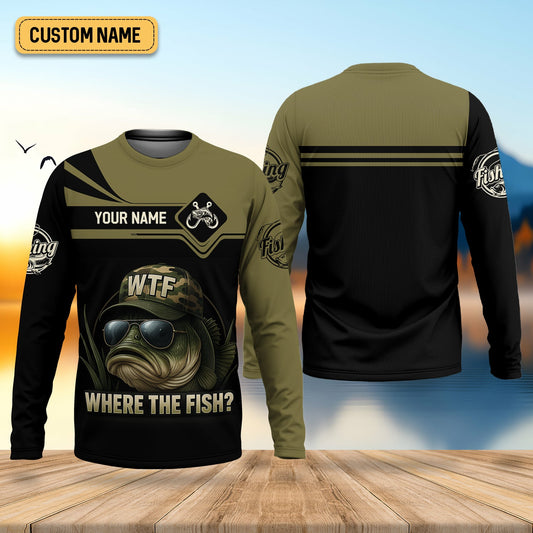 Maxcorners WTF Where The Fish Camo Bass Fishing Shirt, Funny Fishing Shirt, SPF Shirt For Men, Men's Fishing Shirt