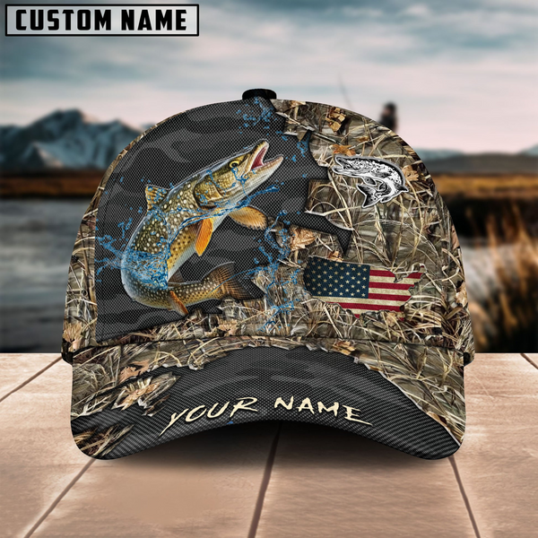 Maxcorners Pike Fishing American Flag Map Camo Pattern Personalized Cap