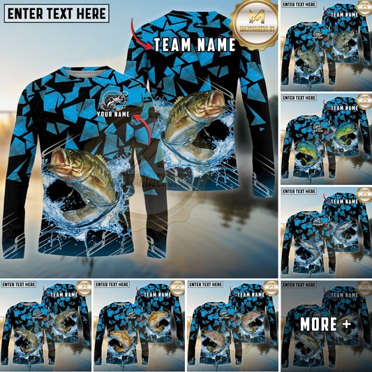 Maxcorners Fishing Geometric Camouflage Splash Art Personalized Name, Team Name Long Sleeve Shirt (9 Breeds)
