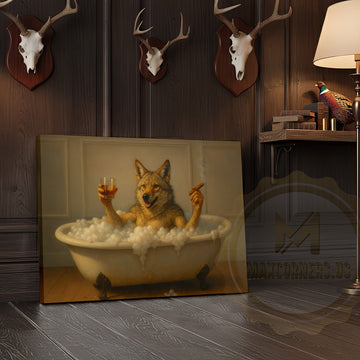 Maxcorners Deer Drinking Coffee in Robe and Glasses Wrapped Canvas