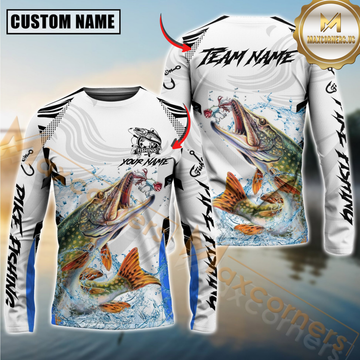 Maxcorners Pike Fishing White Black Curve Pattern Design Custom Name & Team Name 3D Shirts