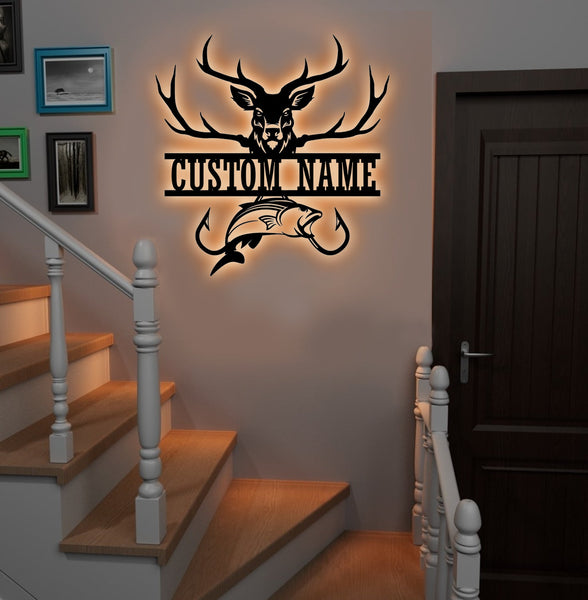 Maxcorners Personalized Deer & Fish Metal Sign WITH LED/WITHOUT LED Light Rustic Cabin Wall Decor Hunter Fisher Gift LM0110