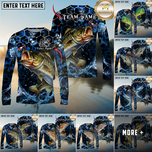 Maxcorners  Fishing Hexagon Water Splash Personalized Name, Team Name Long Sleeve Shirt (9 Fish Species)