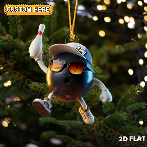 Maxcorners Funny Bowling Ball Character With Pin Flaming Shades Personalized Name Christmas Ornament 2D Flat