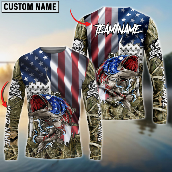 Maxcorners Ameican Flag Patriotic Largemouth Bass Camo Fishing Personalized Name, Team Name 3D Long Sleeve Shirt