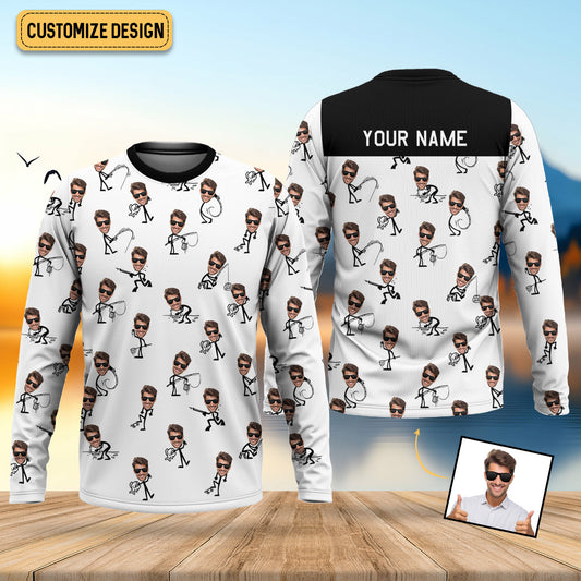 Maxcorners Funny Stick Figure Fishing Pose Custom Face SPF Shirt For Men, Funny Fishing Shirt, Fishing Shirts For Men