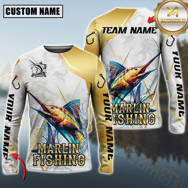 Maxcorners Marlin Fishing Lightweight Performance Shirt For Anglers Personalized Name, Team Name 3D Long Sleeve Shirt