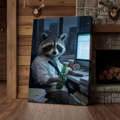 Maxcorners Raccoon Office Worker Holding Beer at Desk Late Night Canvas Wall Art