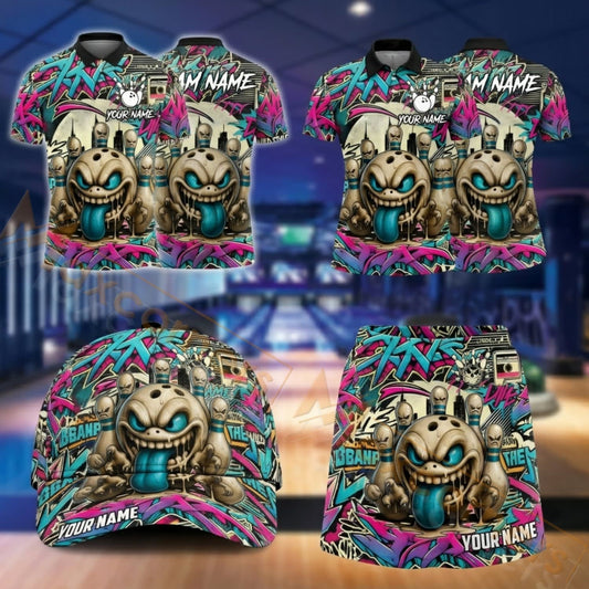 Maxcorners Bowling Colorful Sugar Skull Graffiti Design Personalized Team Sportswear Set - Polo Shirt, Cap & Skorts