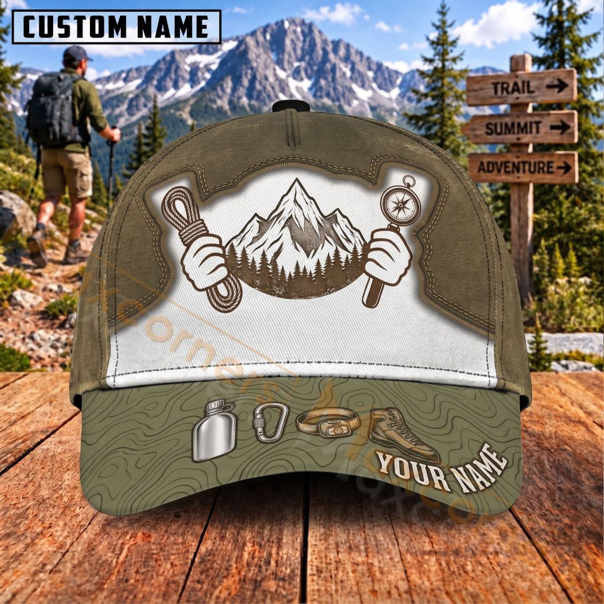 Maxcorners Hiking Mountain Crossed Trekking Poles Personalized Name 3D Cap