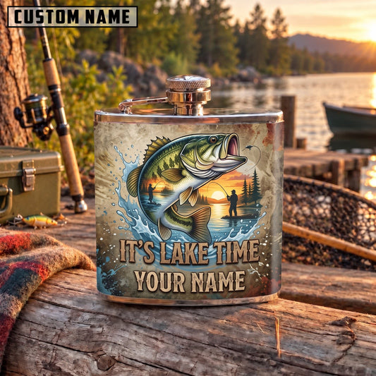 Maxcorners Fishing It’s Lake Time Bass Vintage Sunset Personalized Name 3D Hip Flask