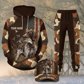 Maxcorners Duck Hunting German Wirehaired Pointer American Flag Brown Camo Personalized 3D Shirts