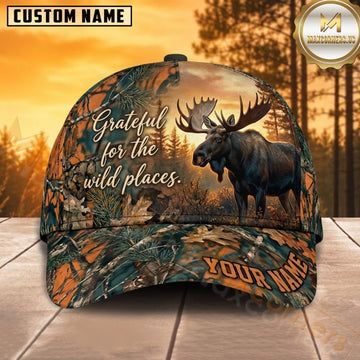 Maxcorners Moose Hunting Bull Moose Grateful for the Wild Places Orange Sunset Camo Customized Name 3D Cap