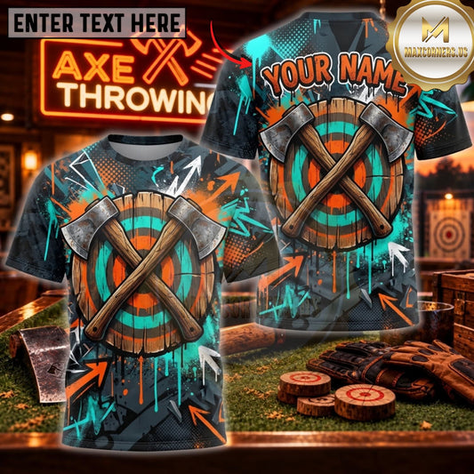 Maxcorners Axe Throwing Turquoise Tribal Crossed Axes Personalized Name 3D Unisex Shirt