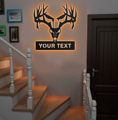 Maxcorners Personalized Deer Skull Metal Sign WITH LED/WITHOUT LED – Rustic Hunting Cabin Wall Decor, Gift for Hunters LM0110