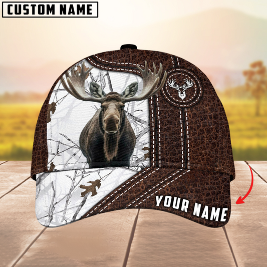 Maxcorners Moose Hunting Premium Leather Pattern Mutilcolored Personalized Name 3D Cap