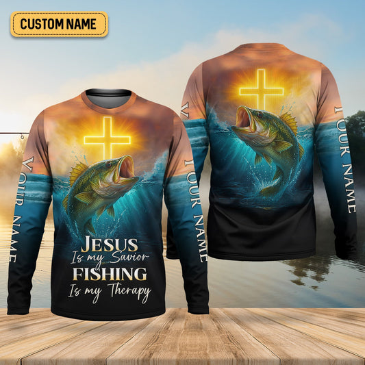 Maxcorners Jesus Is My Savior Fishing Is My Therapy SPF Shirts, Jesus Fishing Shirt, Fishing Shirts For Men
