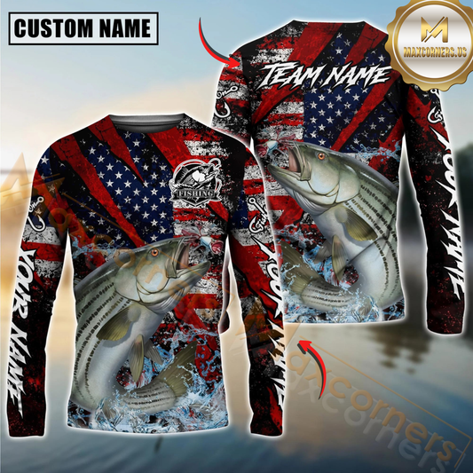 Maxcorners Fishing American Flag Grunge Red Scratch Custom Name & Team Name 3D Shirts