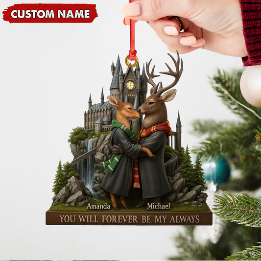 Maxcorners Personalized Wizard Castle Deer Couple Ornament, Custom Name Fantasy Lovers Christmas Gift, Magic School Romance Tree Decoration