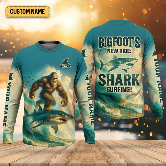 Maxcorners Bigfoot's New Ride Shark Surfing Fishing UPF Shirts, Funny Fishing Shirt, Presents For Fishermen