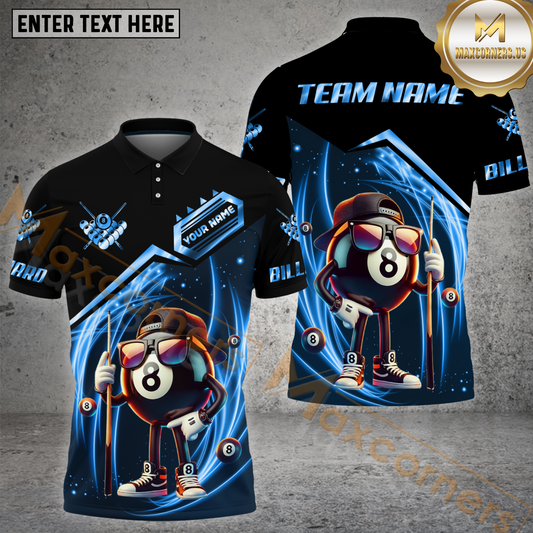 Maxcorners Cool Billiard Premium Line Pattern Multicolor Options Personalized Name, Team Name 3D Polo Shirts (4 Colors)