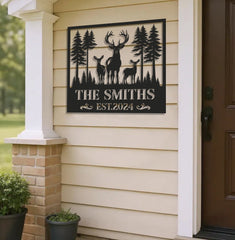 Maxcorners Personalized Deer Family Metal Sign WITH LED/WITHOUT LED, Rustic Cabin Wall Decor, Wildlife Hunting Lodge Name Sign LM0110