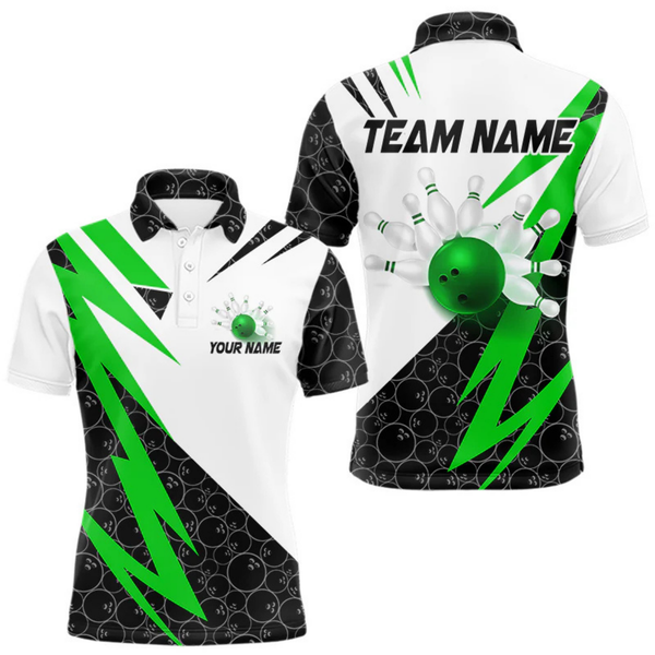 Maxcorners Black and White Bowling Polo, Quarter Zip Shirt for Men Custom Lightning Team bowling jerseys | Green LM054